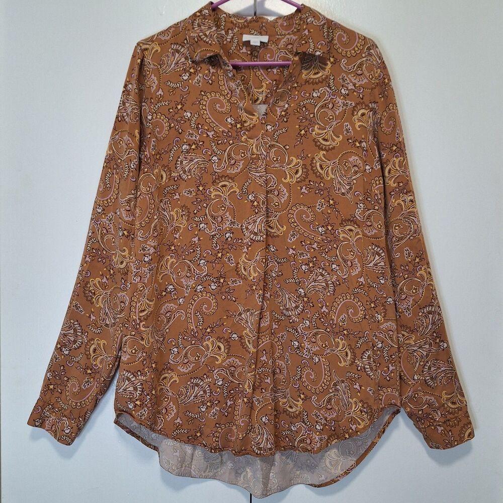 J Jill Women Sz Small Tall Paisley Brown Long Sleeve Shirt Lenzing Viscose